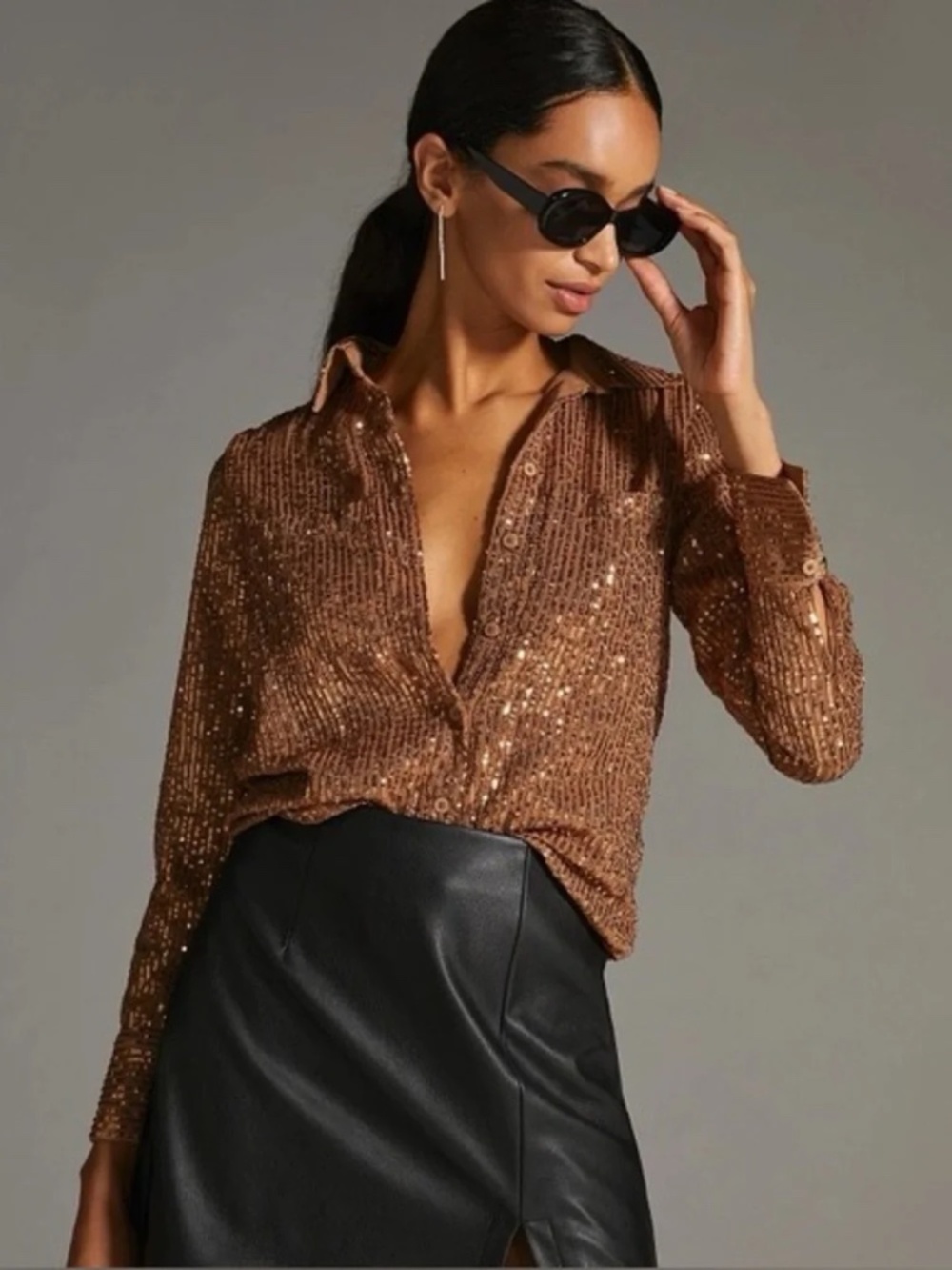 NWT Anthropologie Remie Sequin Buttondown Shirt Bronze Copper Size M Retail $168